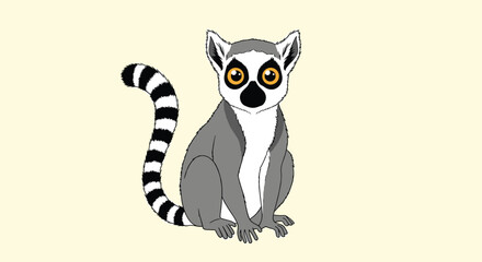 Obraz premium Ring-tailed lemur with a long striped tail sitting and looking forward with big golden eyes in a simple illustration.