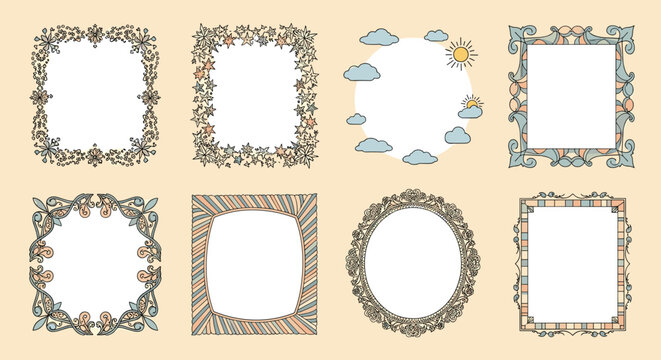 Collection of various ornate and decorative frames includes floral designs, geometric borders, and whimsical illustrations for photos and text.