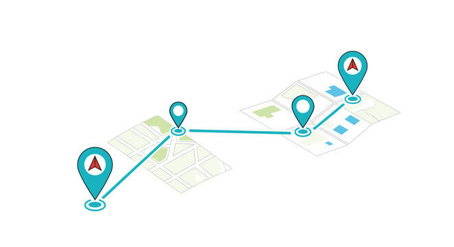 Isometric map navigation concept displays a blue path connecting multiple location pin icons over various folded map fragments and routes.