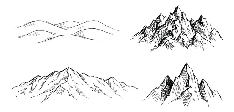 Hand drawn mountain peaks and hills vector set, vintage sketch mountain range illustrations, black and white landscape elements for maps and logos