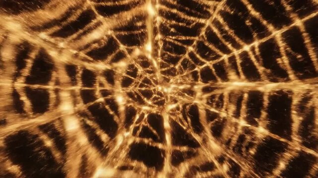 Fiery web of golden light with intricate branching patterns, evoking cosmic energy and abstract motion.