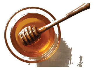 Golden honey in glass bowl with wooden dipper, top view of organic liquid honey, artistic watercolor style nectar illustration for food packaging © Farah-Studio