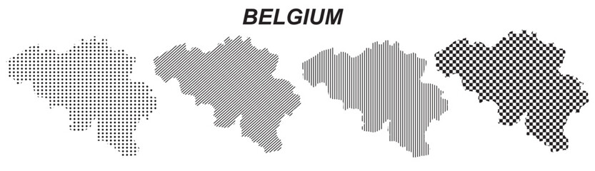 Obraz premium Belgium map silhouette vector, isolated country outline graphic set, 4 black design templates with dots stripes and checkered patterns, geometric abstract digital layout element