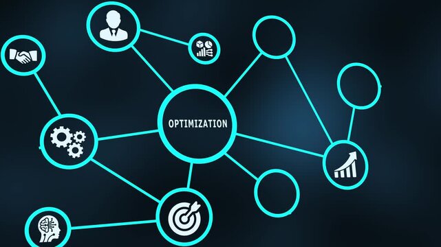 Optimization business process concept with connected technology icons, efficiency improvement, analytics and performance enhancement.