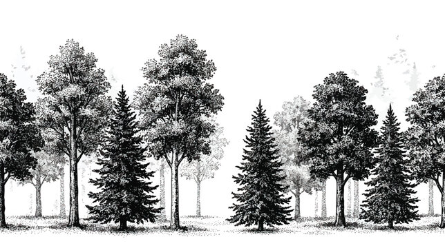 Vintage hand drawn forest border vector, engraved pine and deciduous trees landscape, black and white woodland sketch for rustic stationery