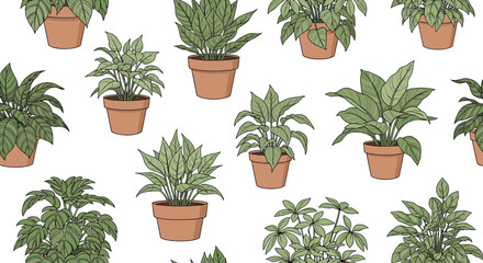 Fototapeta premium Seamless pattern of various green houseplants in terracotta pots arranged in a repeating layout for interior design and nature themes.