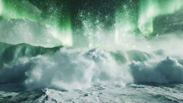 Massive emerald waves crashing upwards into a stormy, aurora-like sky