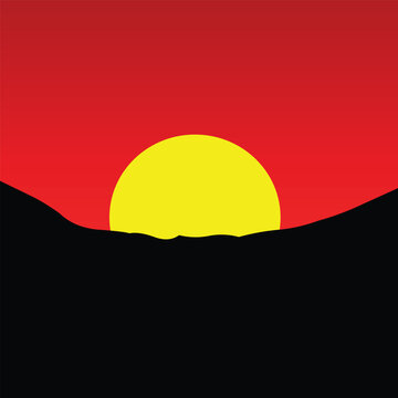 Aboriginal flag inspired landscape vector graphic with yellow sun over dark earthy ground.