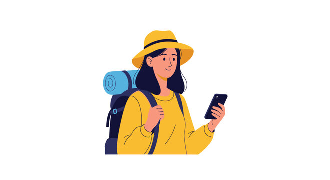 Young female traveler wearing a yellow hat and sweater looking at her smartphone while carrying a blue backpack with a bedroll.