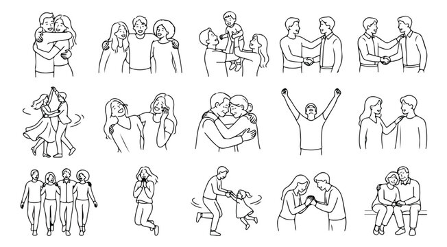 Minimalist line art people icons, set of 15 human interaction vector illustrations, simple black outline drawings of family and friends