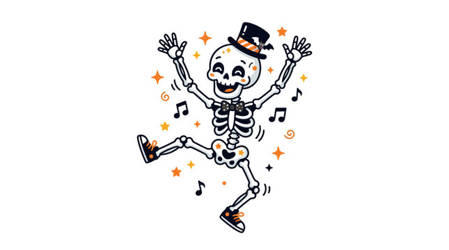 Playful skeleton dancing with music notes and stars