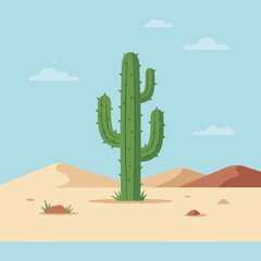 A tall green cactus stands in the middle of a desert © Saputra