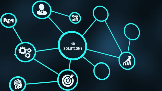 HR solutions concept with workforce management, recruitment strategy, employee engagement and talent development icons