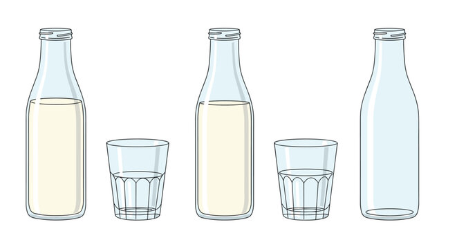 Various illustrations of clear glass milk bottles and drinking glasses at different levels of being full, half empty, and completely empty.