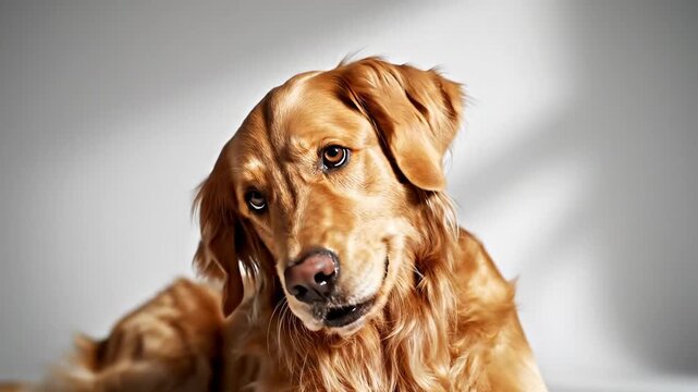 Golden Retriever dog tilting its head in curiosity. Close up portrait of a purebred canine on a white studio background. Expressive pet behavior