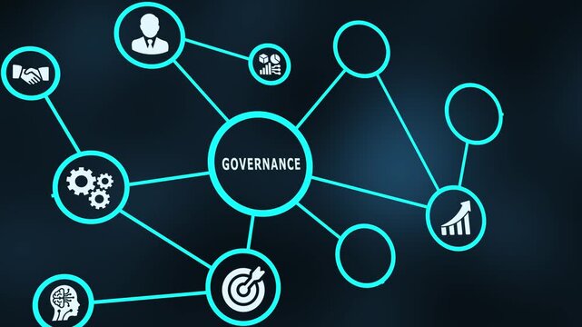 Corporate governance framework illustration featuring compliance, risk control, leadership and organizational oversight icons