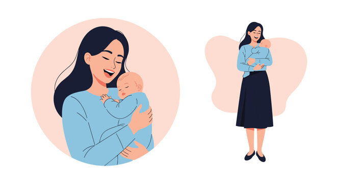 Tender scene showing a smiling mother gently cradling her sleeping baby boy in two different poses against a soft background.