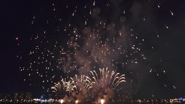 Spectacular violet and magenta fireworks explode against the dark night sky over a city skyline.