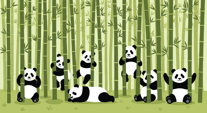 Group of cute pandas climbing bamboo trees and resting in a lush green forest creating a peaceful wildlife scene.