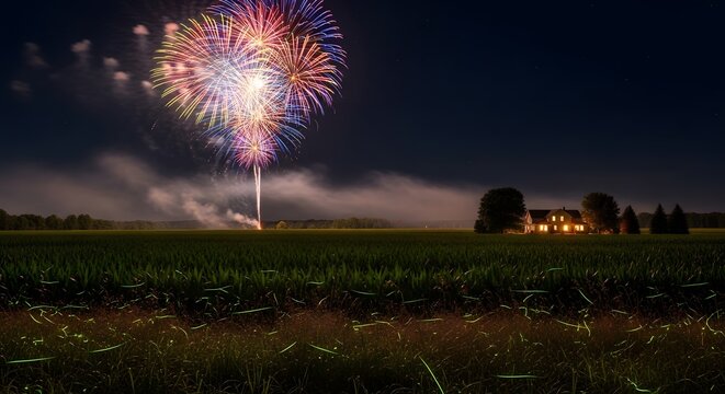 Fireworks display over rural landscape with farmhouse at night