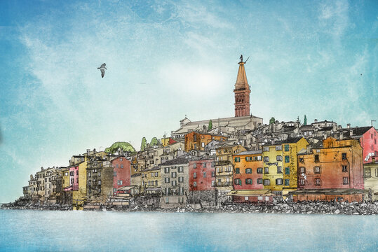 sketch of old town architecture of Rovinj, Croatia. Old town harbor, famous city of Istria Peniunsula, Adriatic Sea coastline.	