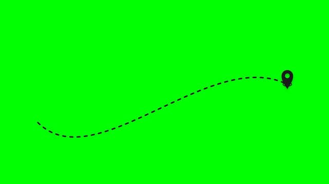 Map pin location icon moving along a dashed line path on a green screen background 2