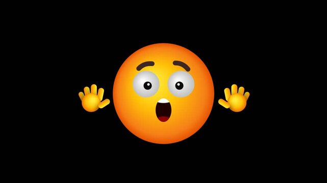 Shocked emoji face with wide eyes and raised hands shaking against a dark background