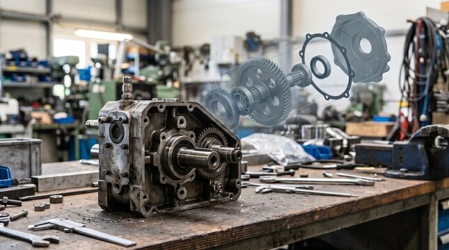 Engine parts are shown on a workbench in a garage with tools scattered around during the day