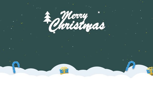Merry Christmas greeting card with snow, gifts, and candy canes on a dark green sky.