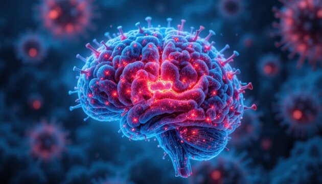 A digital illustration of a human brain intertwined with virus-like structures, symbolizing neurological impact or infection.