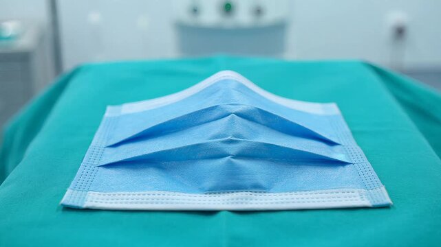 Blue pleated surgical face mask placed on a teal surgical drape in a sterile medical environment