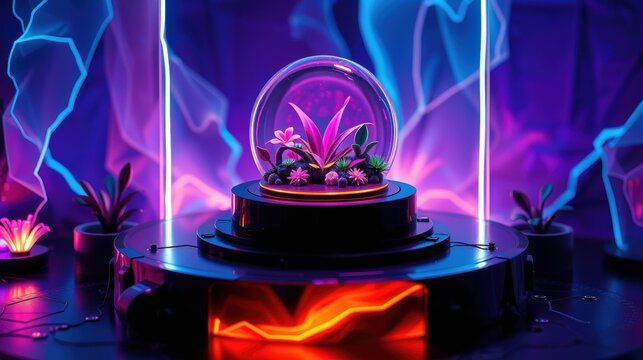 Futuristic display features glowing plants inside glass dome. Neon lights create dramatic, vibrant atmosphere. Dark background emphasizes central object.