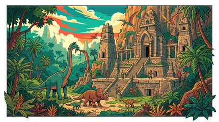 Pixel Art Dinosaur Jungle Temple Scene with Brontosaurus and Triceratops © evol