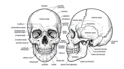 Anatomical Skull Diagram: Front and Side Views with Labels © evol