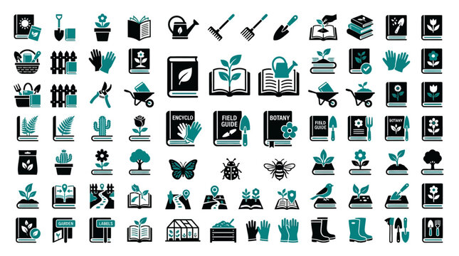 Gardening Icons: Books, Plants, Tools, and Nature - Vector Set