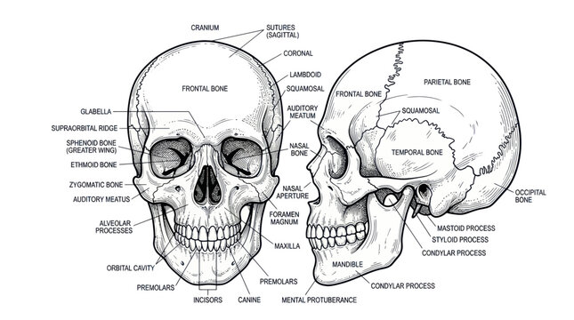 Anatomical Skull Diagram: Front and Side Views with Labels