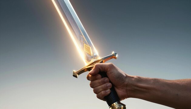 Close-up of a hand gripping a glowing medieval sword with a luminous blade and ornate hilt against a dusky sky