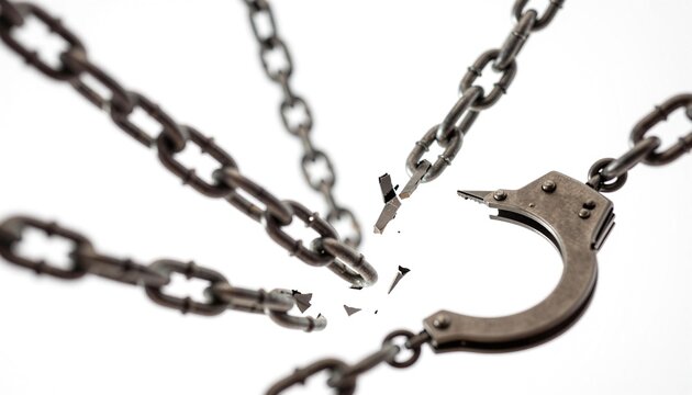 Open metal handcuff with broken chains and scattered metal shards on white background, symbolizing breaking free, freedom and liberation