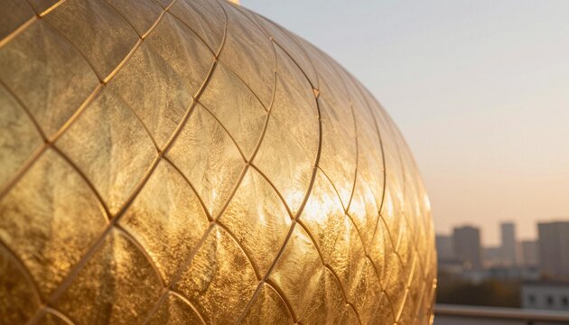 Close-up of a gilded golden dome with fish-scale pattern reflecting warm sunlight against a blurred city skyline at sunset