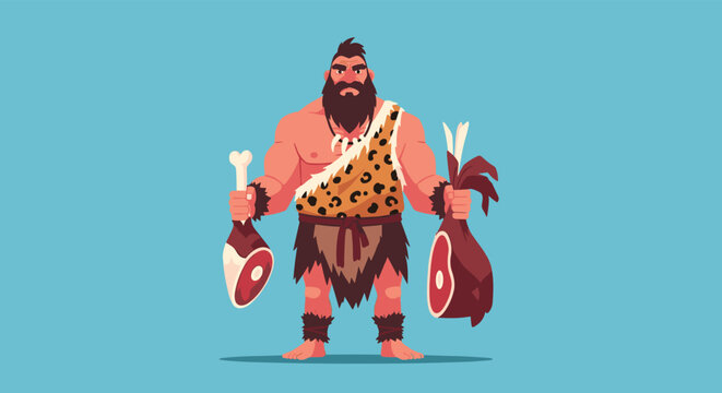 Strong caveman with a long beard and leopard print clothing is holding two large pieces of raw meat on bones against a blue background.
