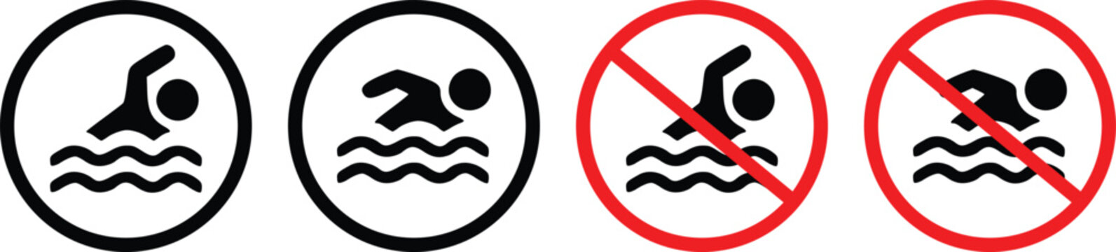 No swimming sign set with swimmer icon in red prohibition circle and black information circle vector