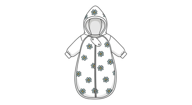 White baby sleeping bag with a hood and long sleeves features a cute blue daisy pattern and a zipper for comfort and warmth.