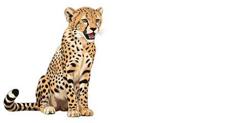Naklejka premium Majestic cheetah with a spotted coat sits gracefully while looking to the side with an open mouth in a detailed animal illustration.
