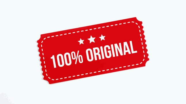Red ticket label with dashed borders and stars, bold text declaring authenticity, design emphasizing originality and genuine product assurance.