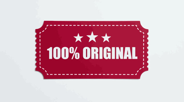 Red ticket label with dashed borders and stars, bold text declaring authenticity, design emphasizing originality and genuine product assurance.