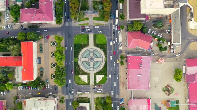Krasnodar, Russia. Alexandrovsky Boulevard. Monument to the Holy Great Martyr Catherine with a fountain. Triumphal Arch. Drone footage, HEAD OVER SHOT