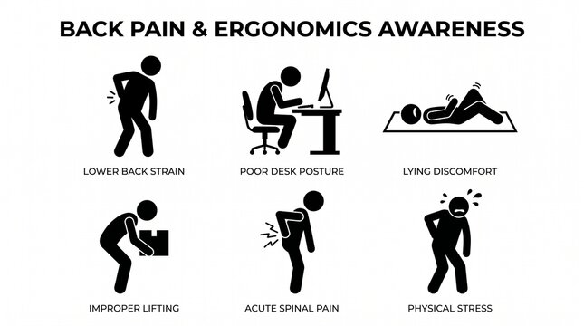Ergonomic awareness icons showing back strain, poor posture, lifting issues, spinal pain, stress, and discomfort for workplace health education.