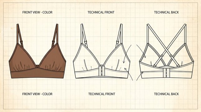 Modern bralette design featuring triangular cups, crisscross straps, and supportive underbust band, blending technical precision with elegant fashion aesthetics&hellip;