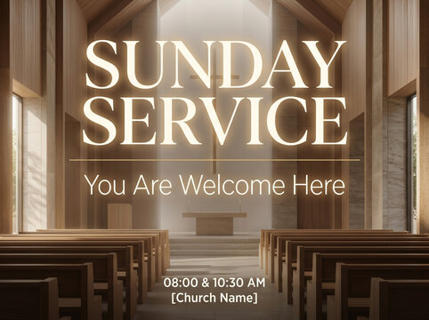 church interior with welcome service announcement.