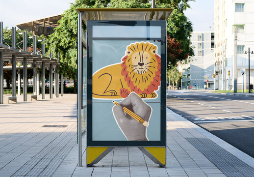 Mockup Template at Bus Stop in Barcelona City